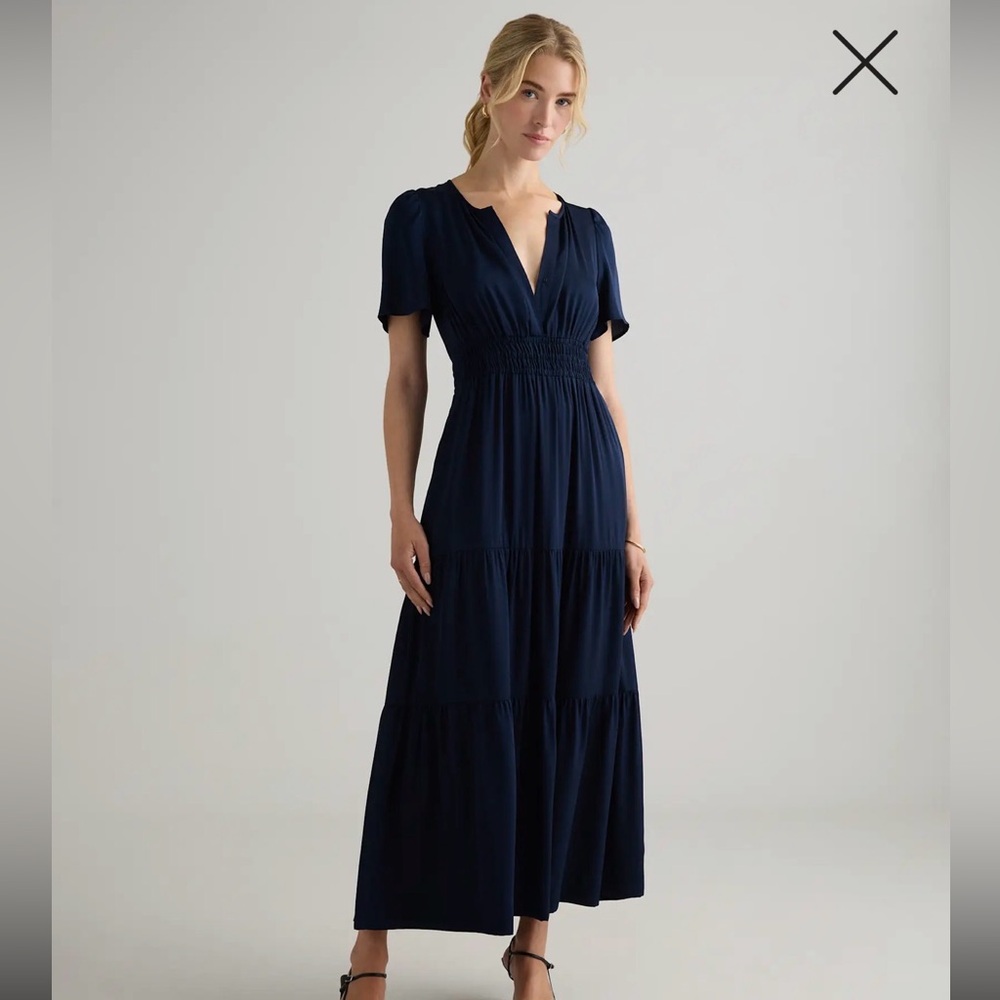 Quince Washable Silk Tiered Maxi Dress in Navy